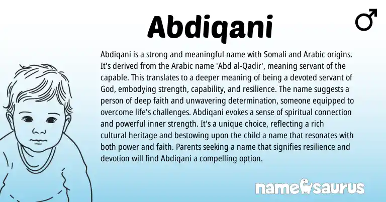 Infographic about Abdiqani name meaning, Abdiqani is a name from Somali, Arabic origin(s).