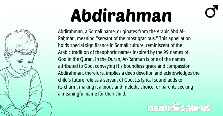 Infographic about Abdirahman name meaning, Abdirahman is a name from Somali, Arabic origin(s).