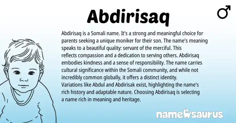 Infographic about Abdirisaq name meaning, Abdirisaq is a name from Somali, Arabic origin(s).