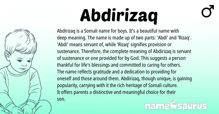 Infographic about Abdirizaq name meaning, Abdirizaq is a name from Somali, Arabic origin(s).