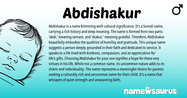 Infographic about Abdishakur name meaning, Abdishakur is a name from Somali, Arabic origin(s).