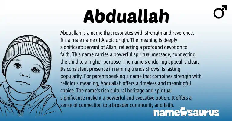 Infographic about Abduallah name meaning, Abduallah is a name from Arabic origin(s).
