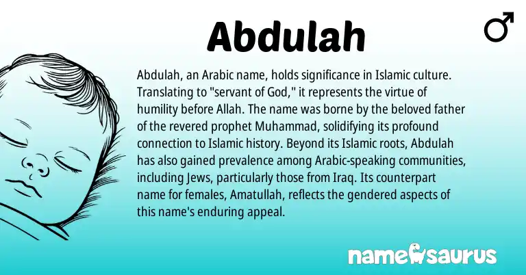 Infographic about Abdulah name meaning, Abdulah is a name from Iraq, Arabic origin(s).