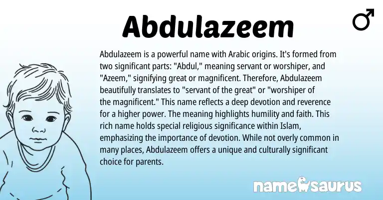 Infographic about Abdulazeem name meaning, Abdulazeem is a name from Arabic origin(s).