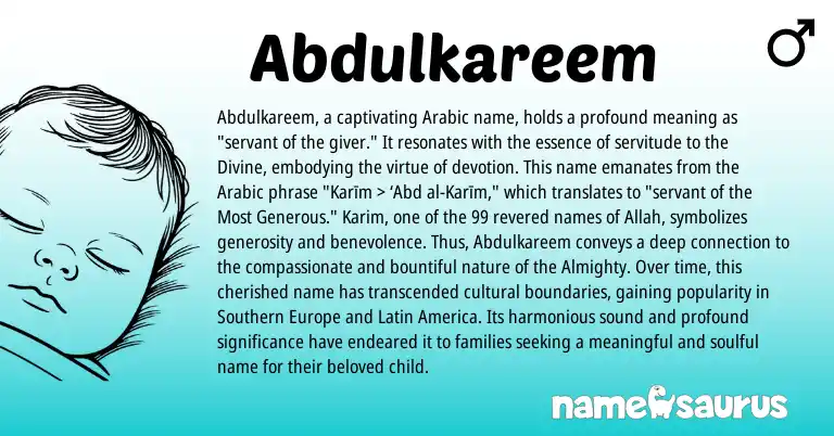 Infographic about Abdulkareem name meaning, Abdulkareem is a name from Arabic, Latin origin(s).