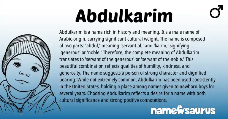 Infographic about Abdulkarim name meaning, Abdulkarim is a name from Arabic origin(s).