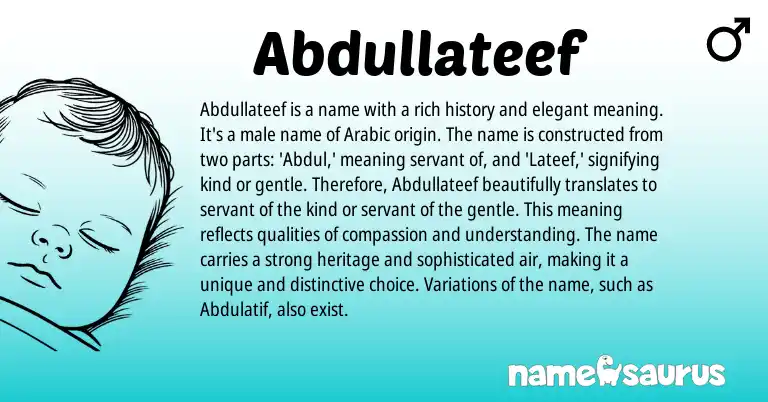 Infographic about Abdullateef name meaning, Abdullateef is a name from African, Arabic origin(s).