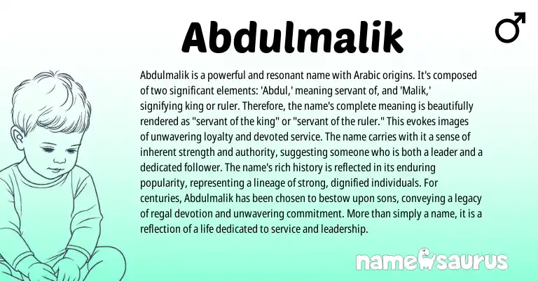 Infographic about Abdulmalik name meaning, Abdulmalik is a name from Arabic origin(s).