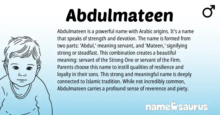 Infographic about Abdulmateen name meaning, Abdulmateen is a name from African, Arabic origin(s).
