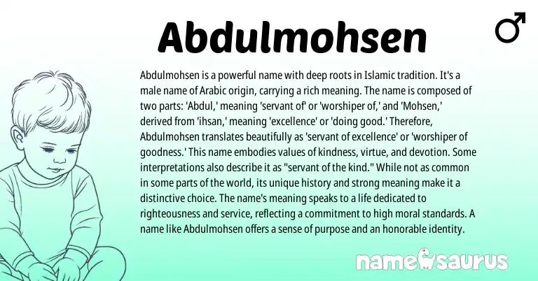 Infographic about Abdulmohsen name meaning, Abdulmohsen is a name from Arabic origin(s).