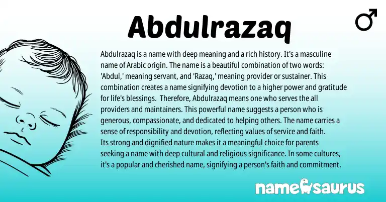 Infographic about Abdulrazaq name meaning, Abdulrazaq is a name from Arabic origin(s).