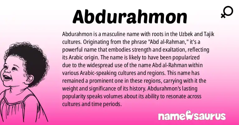 Infographic about Abdurahmon name meaning, Abdurahmon is a name from Uzbek, Tajik origin(s).