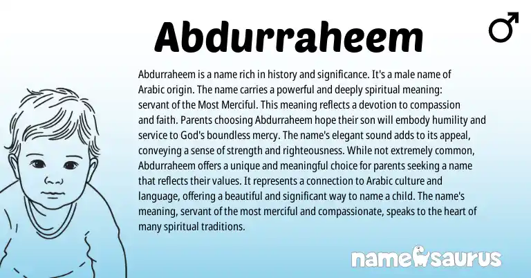 Infographic about Abdurraheem name meaning, Abdurraheem is a name from Arabic origin(s).
