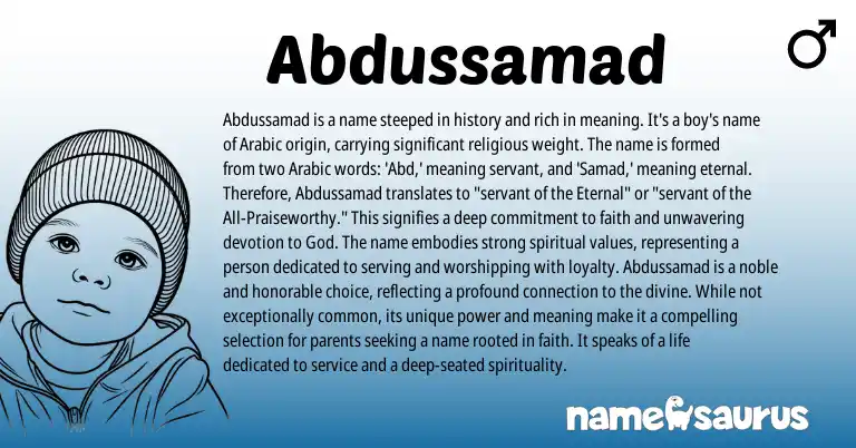 Infographic about Abdussamad name meaning, Abdussamad is a name from Arabic origin(s).