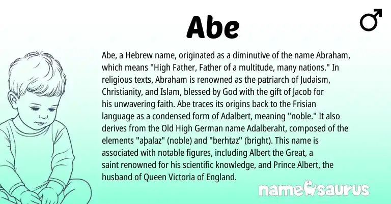 Infographic about Abe name meaning, Abe is a name from Christianity, Old High German, England, Judaism, Frisian, Hebrew origin(s).