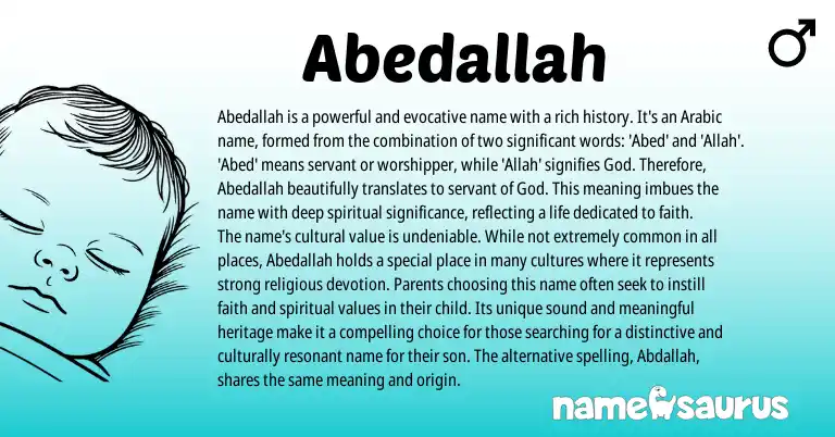 Infographic about Abedallah name meaning, Abedallah is a name from Arabic origin(s).