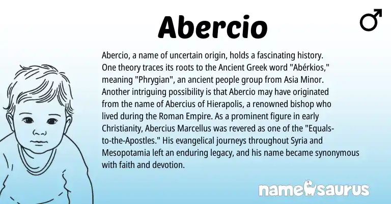 Infographic about Abercio name meaning, Abercio is a name from Ancient Greek, Christianity, Syria, Roman, Phrygian origin(s).