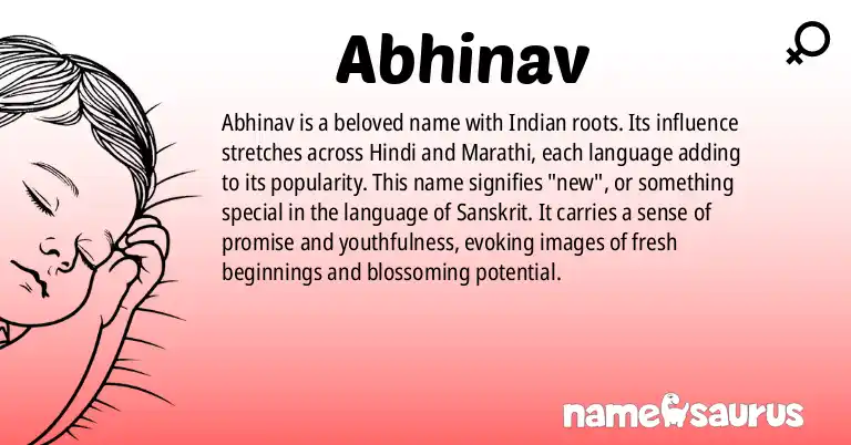 Infographic about Abhinav name meaning, Abhinav is a name from Indian, Hindi, Marathi, Kannada origin(s).