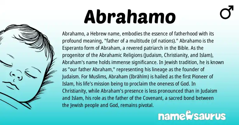 Infographic about Abrahamo name meaning, Abrahamo is a name from Christianity, Esperanto, Judaism, Jewish, Hebrew origin(s).