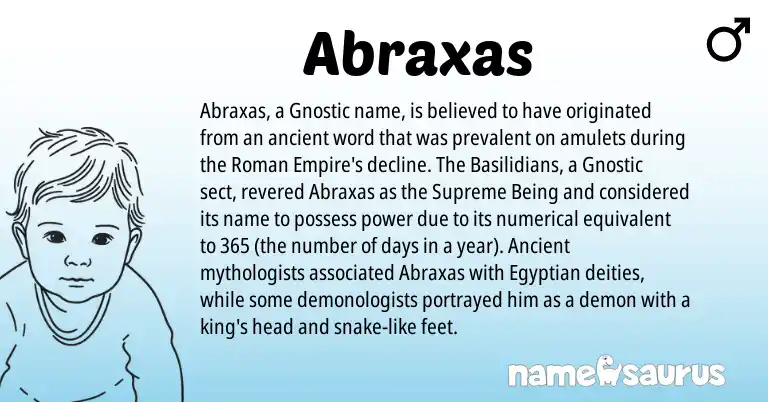 Infographic about Abraxas name meaning, Abraxas is a name from Egyptian, Roman origin(s).