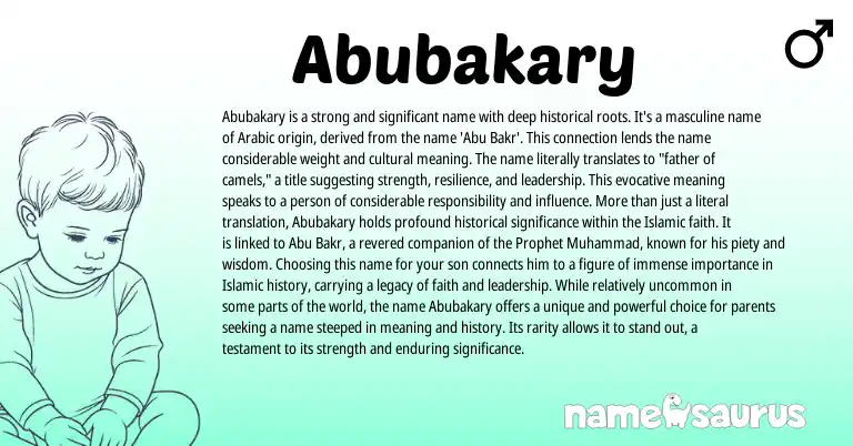 Infographic about Abubakary name meaning, Abubakary is a name from Arabic origin(s).
