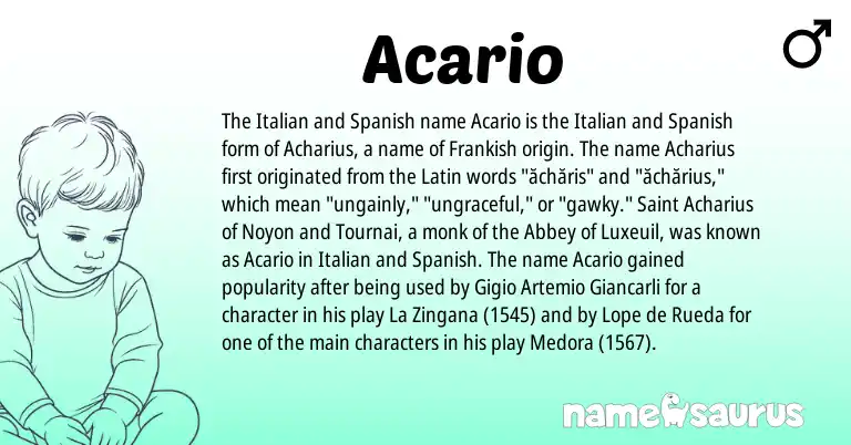 Infographic about Acario name meaning, Acario is a name from Spanish, Latin, Frankish, Italian origin(s).
