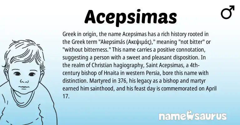 Infographic about Acepsimas name meaning, Acepsimas is a name from Greek origin(s).