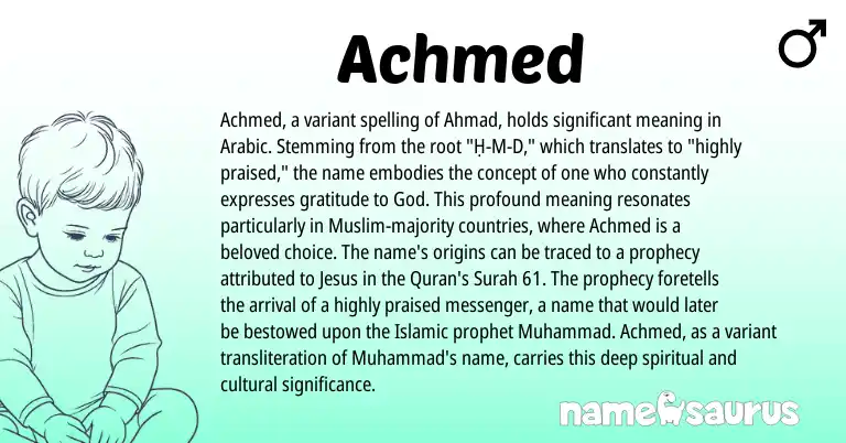 Infographic about Achmed name meaning, Achmed is a name from Arabic, Muslim origin(s).