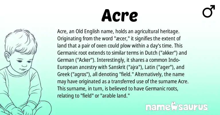 Infographic about Acre name meaning, Acre is a name from German, Sanskrit, European, Germanic, Latin, Greek, Old English, Dutch origin(s).