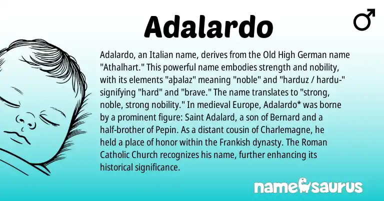 Infographic about Adalardo name meaning, Adalardo is a name from Old High German, Roman, Frankish, Italian origin(s).