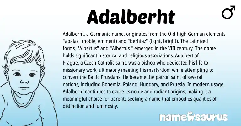 Infographic about Adalberht name meaning, Adalberht is a name from Old High German, Baltic, Germanic, Czech origin(s).