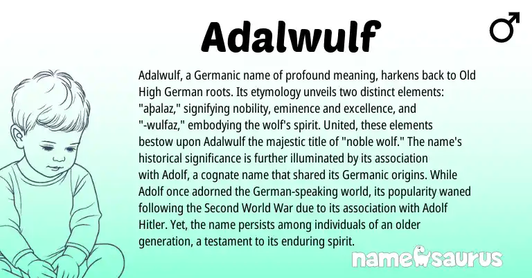 Infographic about Adalwulf name meaning, Adalwulf is a name from Old High German, German, Germanic origin(s).