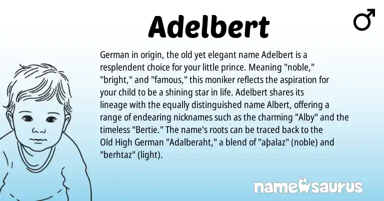 Infographic about Adelbert name meaning, Adelbert is a name from Old High German, German origin(s).