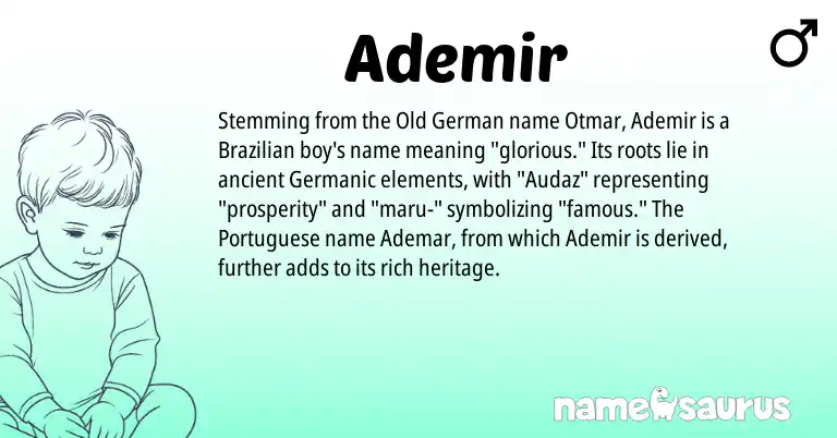 Infographic about Ademir name meaning, Ademir is a name from Old German, Germanic, Brazilian, Portuguese origin(s).