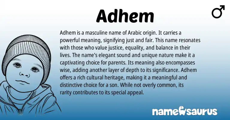 Infographic about Adhem name meaning, Adhem is a name from Arabic origin(s).