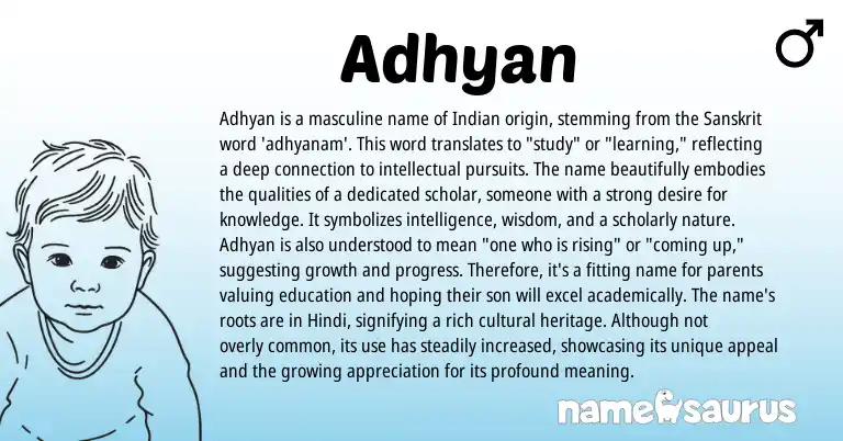 Infographic about Adhyan name meaning, Adhyan is a name from Indian, Sanskrit origin(s).
