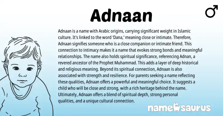 Infographic about Adnaan name meaning, Adnaan is a name from Arabic origin(s).