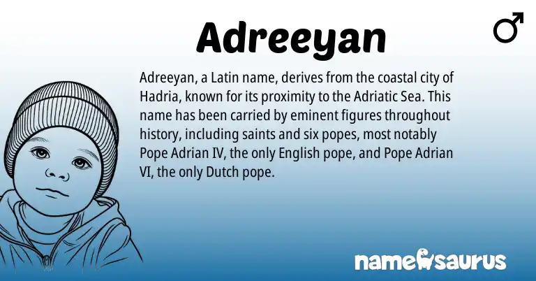 Infographic about Adreeyan name meaning, Adreeyan is a name from Dutch, English, Latin origin(s).