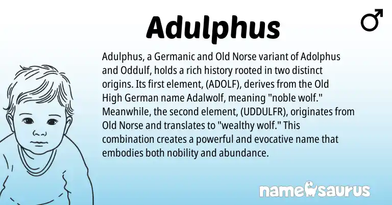 Infographic about Adulphus name meaning, Adulphus is a name from Old High German, Old Norse, Germanic origin(s).