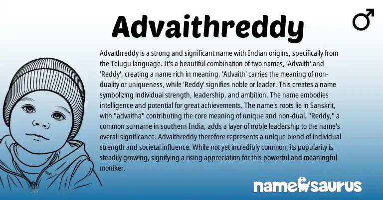 Infographic about Advaithreddy name meaning, Advaithreddy is a name from Telugu, Indian origin(s).