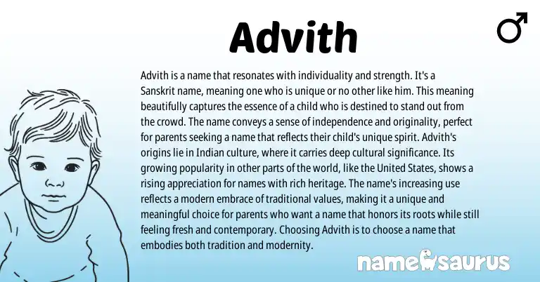 Infographic about Advith name meaning, Advith is a name from Sanskrit origin(s).