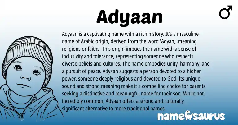 Infographic about Adyaan name meaning, Adyaan is a name from Indian, Arabic origin(s).