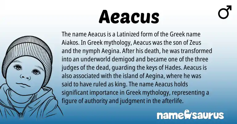 Infographic about Aeacus name meaning, Aeacus is a name from Greek origin(s).