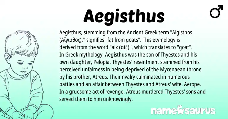 Infographic about Aegisthus name meaning, Aegisthus is a name from Ancient Greek, Greek origin(s).