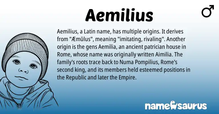 Infographic about Aemilius name meaning, Aemilius is a name from Latin origin(s).