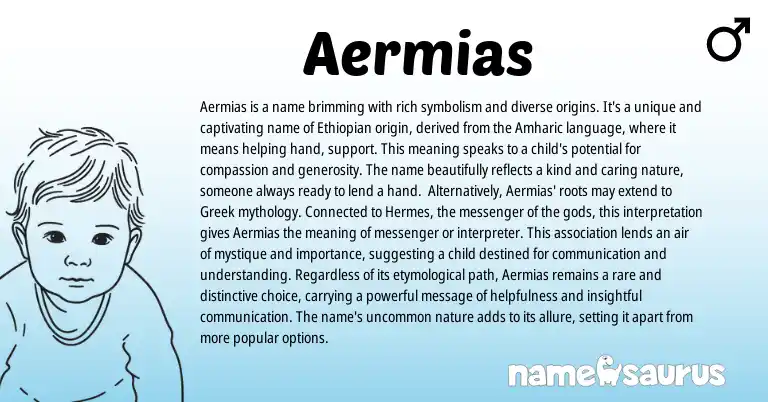 Infographic about Aermias name meaning, Aermias is a name from Ethiopian, Amharic origin(s).
