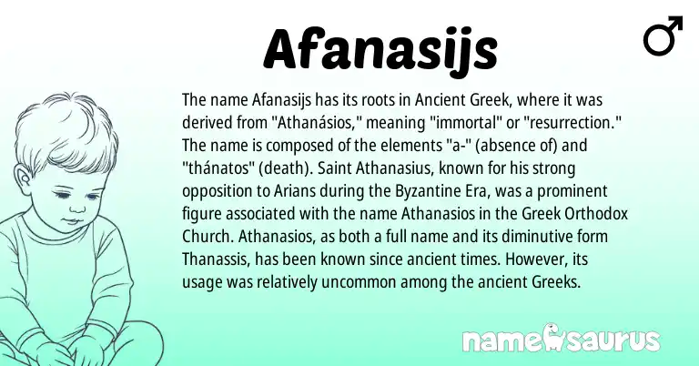 Infographic about Afanasijs name meaning, Afanasijs is a name from Ancient Greek, Greek origin(s).