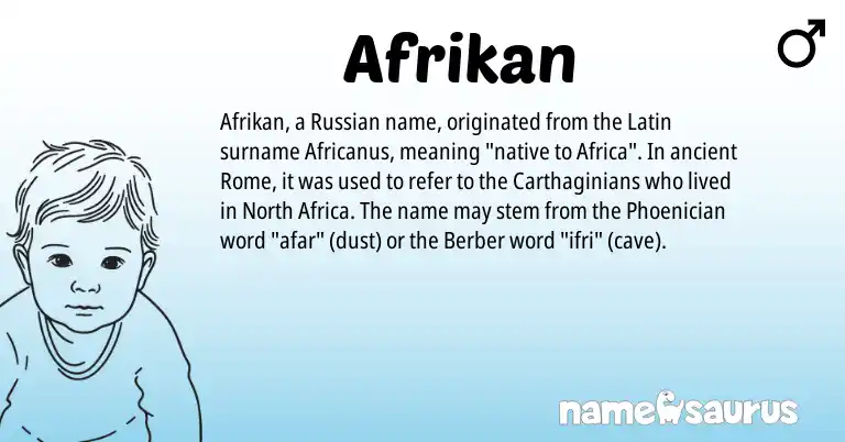 Infographic about Afrikan name meaning, Afrikan is a name from North Africa, Phoenician, Russian, Berber, Latin origin(s).
