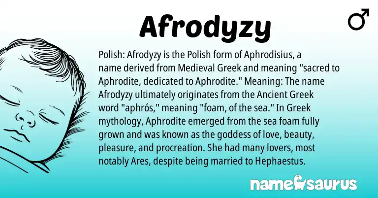 Infographic about Afrodyzy name meaning, Afrodyzy is a name from Polish, Ancient Greek, Greek origin(s).