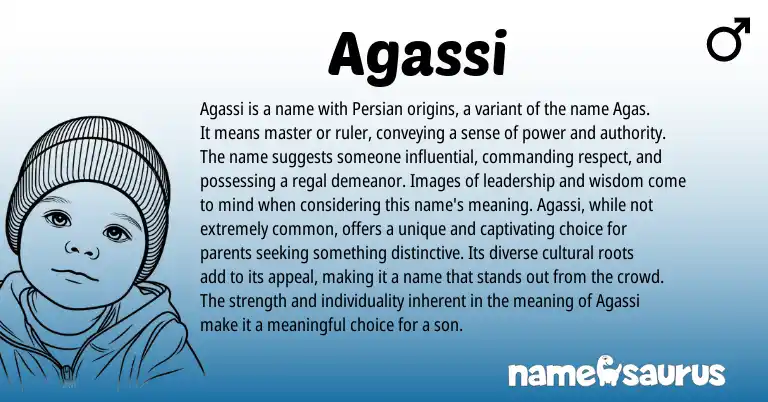 Infographic about Agassi name meaning, Agassi is a name from Persian origin(s).